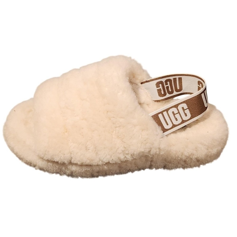 UGG Slippers Womens Size 7 White Fluff Yeah Slide Shearling Logo Strap 1095119